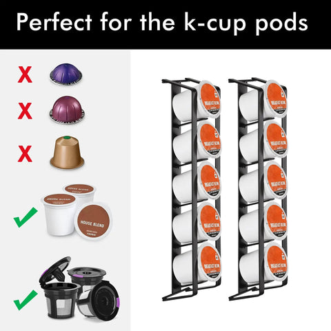 Side Mount K Cup Holder For Keurig Adhesive Metal Pod Organizer Matte Black Finish 2 Pack Keeps 10 K Cups Handy And Neat Space Saving Counter Mount For Keurig Coffee Makers showcasing compatibility with K-Cups.