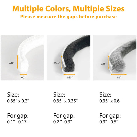 Bruiefpap weather-stripping for doors/windows, grey; self-adhesive door seal shown in three sizes (0.35x0.2, 0.35x0.35, 0.35x0.6 in).