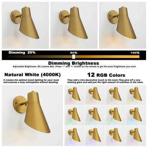 Cordless Battery Powered Wall Sconces Set Of 2 With Remote Control No Wiring Needed No Fuss Dimmable And Adjustable LED Lighting For Indoor Use Easy Install For Bedroom Living Room Hotels Antique Style 13 RGB Color Modes, showing dimming brightness levels and RGB color options.