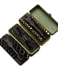 Three open cases showing Torx Bit Set 77-Piece with 2 in 1 ratchet magnetic bit holder and low profile sockets arranged neatly
