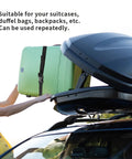 Three Pack Heavy Duty Nylon Tie Down Straps with Buckles securing suitcase on car roof