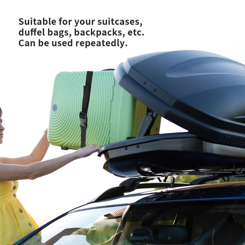 Three Pack Heavy Duty Nylon Tie Down Straps with Buckles securing suitcase on car roof