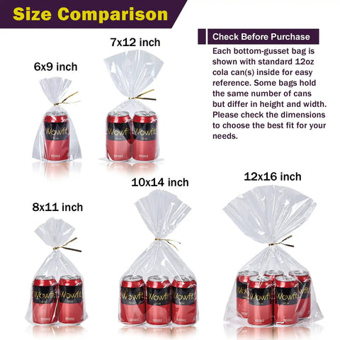 Clear Bottom Gusset Cellophane Gift Bags 10x14 Inches, 50 Count With 6 Inch Gold Twist Ties Perfect For Party Favors Bridal Showers And Wedding Gift Wrapping size comparison