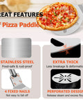 Front view of a 9-inch perforated pizza paddle with a long detachable stainless steel handle.