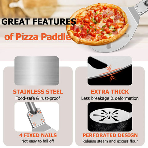 Front view of a 9-inch perforated pizza paddle with a long detachable stainless steel handle.
