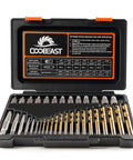 Open case of 35-Piece Left Hand Drill Bits And Screw Extractor Kit with detailed viewer of HSS steel and cobalt bits