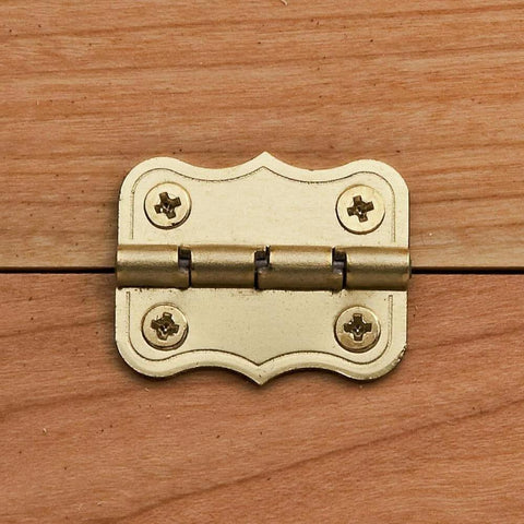 Brass 90 Degree Stop Hinges Set Of Two For Doors And Cabinets installed on wooden surface, showing decorative brass finish