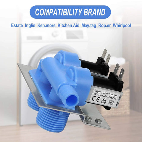 Water inlet valve for washing machines, blue plastic body with metal mounting bracket and electrical terminals (close-up)