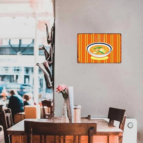 Dope Vintage Ramen Tin Sign Wall Art 8x12 Inch Metal Sign Poster in a rustic cafe setting with pre-drilled holes for mounting