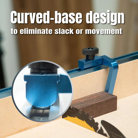 Curved-based 3 Inch Fence Flip Stop For T Track Systems with 1/4 in hex bolt in workshop setup
