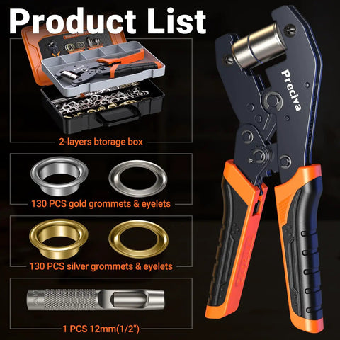 All In One Grommets Tool Kit With Half Inch Grommets And Carrying Case Eyelet Punch Pliers Set displayed with 130 pieces in silver and gold