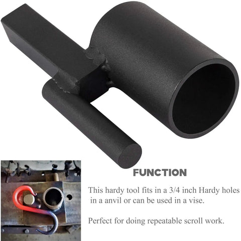 3/4 Inch Anvil Hole Tool for Repeatable Scroll Work in black steel, designed for anvils or vises, shown with S hook example