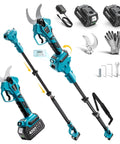 2-In-1 Pole Pruning Shears With 1.6 Inch Cutting Diameter Cordless Electric Pruner, tools, gloves, batteries visible