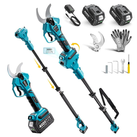 2-In-1 Pole Pruning Shears With 1.6 Inch Cutting Diameter Cordless Electric Pruner, tools, gloves, batteries visible