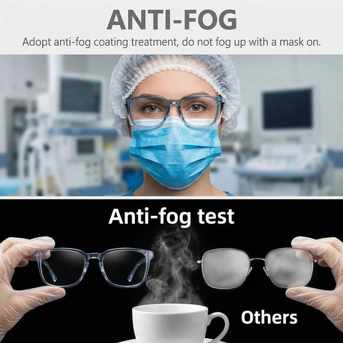 3 Pack Anti Fog Safety Glasses With Wraparound Side Shields Clear Lens Work Goggles displayed in anti-fog test with steam.