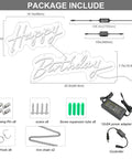 Happy Birthday Neon Light Sign White LED 25.6x16 Inches with Dimmable Switch includes mounting kit and power adapter.