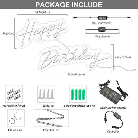Happy Birthday Neon Light Sign White LED 25.6x16 Inches with Dimmable Switch includes mounting kit and power adapter.