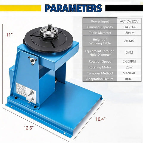 Heavy Duty Portable Welding Positioner Turntable With Foot Pedal Control And 65mm Chuck showing 11" height and 12.6" base dimensions.