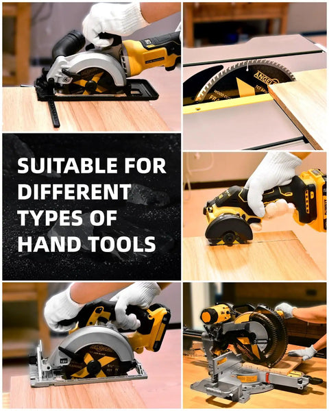 Composite image showing a 10 Inch Table Saw And Miter Saw Blade Set With 40T For Ripping And Cross Cutting And 60T For Fine Finish Wood Cutting in use.