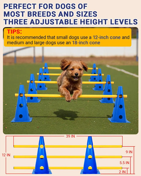 Dog Agility Backyard Course Set With 12 Cones And 6 Durable Rods, height adjustable hurdles for training on grass