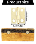 Small Brass Hinges Pack Of 50 With 7mm Screws For Wooden Boxes And Jewelry Boxes Cabinets And Drawers Mini Hinges For Crafts And DIY Projects With Portable Storage Case Included shown with dimensions and example box application