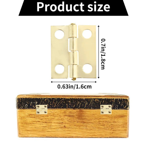 Small Brass Hinges Pack Of 50 With 7mm Screws For Wooden Boxes And Jewelry Boxes Cabinets And Drawers Mini Hinges For Crafts And DIY Projects With Portable Storage Case Included shown with dimensions and example box application