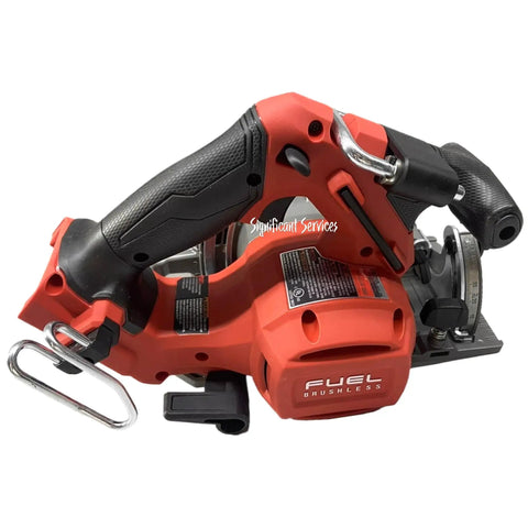 Close-up view of M18 FUEL 18V Cordless Circular Saw With Brushless Motor, 6.5 Inch, Tool Only, Model 2833-20, red and black.