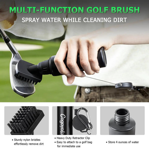Dope All In One Golf Club Cleaning Kit With Pro Grade Cleaner Polish Brush And Grip Cleaner 7 Piece Set In Handy Hard Case Gift Box Great For On The Range Or At Home And Keeps Grips Fresh And Clubs Shiny. Multi-function golf brush spraying water on a club