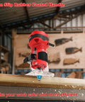 Compact Palm Wood Router Kit With 32000 RPM Power on a workbench in workshop, emphasizing non-slip rubber handle and red design.