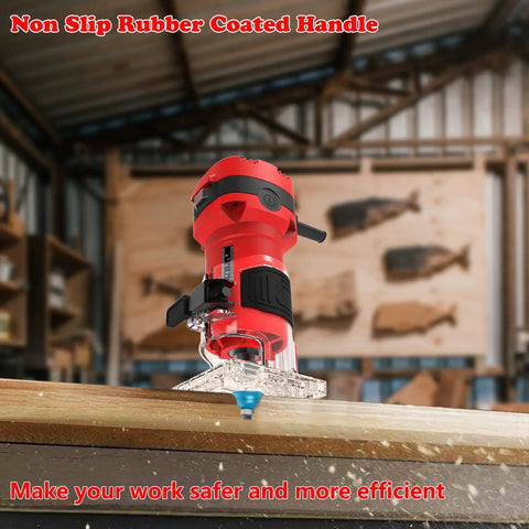 Compact Palm Wood Router Kit With 32000 RPM Power on a workbench in workshop, emphasizing non-slip rubber handle and red design.