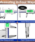 Backlit 6 Inch Digital Caliper with Rechargeable Battery IP54 Waterproof for measuring inside, outside, step, and depth.