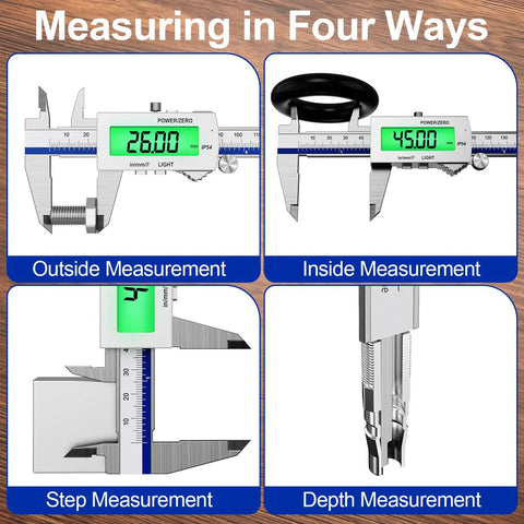 Backlit 6 Inch Digital Caliper with Rechargeable Battery IP54 Waterproof for measuring inside, outside, step, and depth.