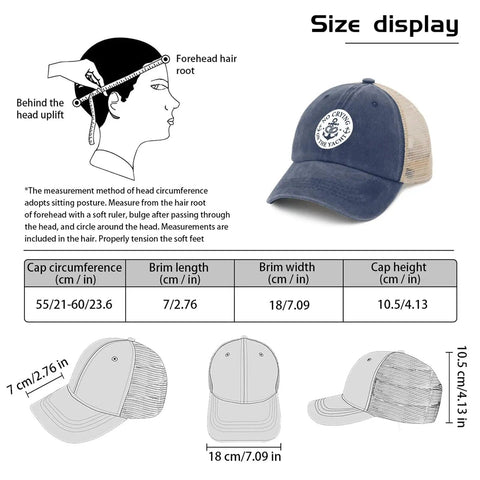 Vintage Outdoor Trucker Cap For Men And Women With Modern Design And All Day Comfort Dope Streetwear Vibe Lightweight Mesh Back Soft Feel Classic Baseball Hat For Hiking Fishing Road Trips And Everyday Use featuring cap measurements and size display