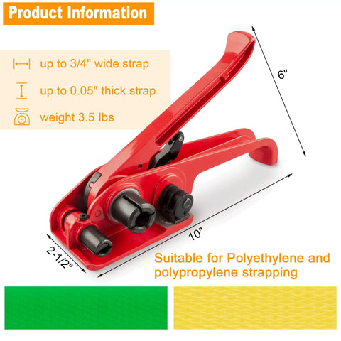 Heavy Duty Poly Strap Tensioner And Cutter Manual Banding Tool Fits Half To Three Quarter Inch Polyester Strap with dimensions and colors.