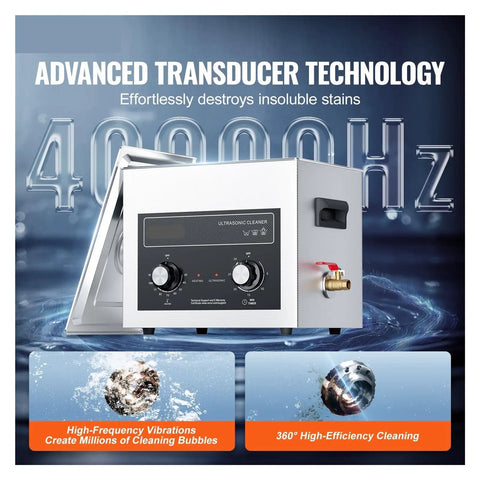 Top Shelf 10 Liter Digital Ultrasonic Cleaner Featuring Rapid Heat Control Precision Timer And Rust Resistant Basket For Nitty Gritty Jewelry And Auto Parts Detailing showing control panel and 40kHz feature.