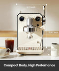 Front view of Pro Grade Semi Automatic Espresso Machine With Milk Frother And Steam Wand 15 Bar Pressure 57 Oz Removable Water Tank Dual Display Built For Cafe Quality Cappuccino And Latte At Home Ivory White G3006 on a kitchen counter.
