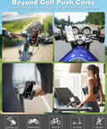 Kick Back And Play With This Hella Secure Golf Push Cart Phone Holder Mount Featuring Quick One Hand Install Universal Handlebar Clamp And Thick Silicone Padding For Your Phone, shown on a bicycle, motorcycle, and more.