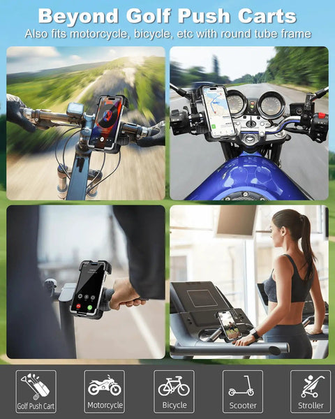 Kick Back And Play With This Hella Secure Golf Push Cart Phone Holder Mount Featuring Quick One Hand Install Universal Handlebar Clamp And Thick Silicone Padding For Your Phone, shown on a bicycle, motorcycle, and more.