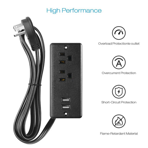 Recessed Flat Plug Desk Outlet With USB And 6 Foot Power Cord ETL Listed Conference Socket Two AC Outlets And Two USB Ports Ideal For Furniture Home And Office Black with safety features.