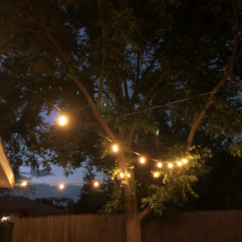 102Ft Outdoor String Lights 18 Dimmable LED Bulbs, Waterproof Patio Lights illuminating backyard tree at night