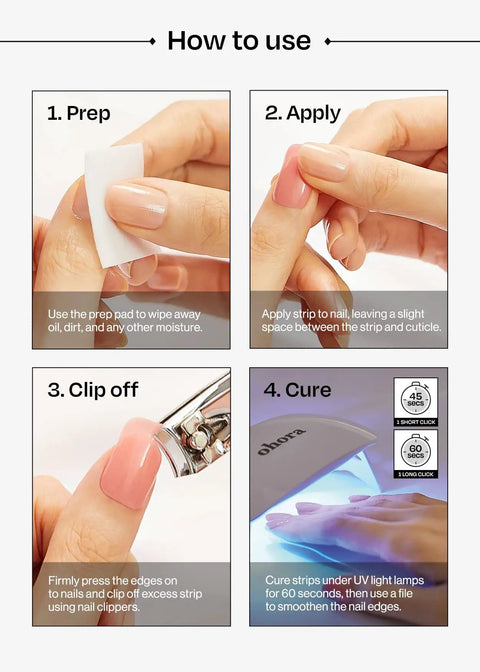 Steps on using White Solid Gel Nail Strips Starter Bundle With UV LED Lamp, showing prep, apply, clip off, cure instructions.