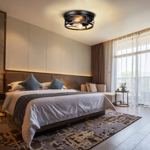 Bedroom with Two Pack Black Farmhouse Flush Mount Ceiling Lights With Industrial Vintage Metal Cage Design Providing Full Room Illumination