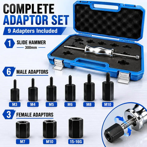 Slide Hammer Bearing Puller Kit With Adapters For Blind Hole And Needle Bearings kit with 9 adapters and blue case.