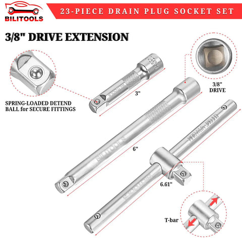 23 Piece Drain Plug Socket Set For Oil Sump And Gearbox with 3-inch and 6-inch drive extensions, 3/8 inch drive, includes T-bar.