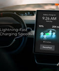 Unlock Access To Over Twenty Five Thousand Tesla Superchargers With This Hella Compatible NACS To CCS Electric Vehicle Adapter Delivering Five Hundred Amps One Thousand Volts For Serious Fast Charging On Your Next Road Trip, showing charging display in Tesla vehicle.