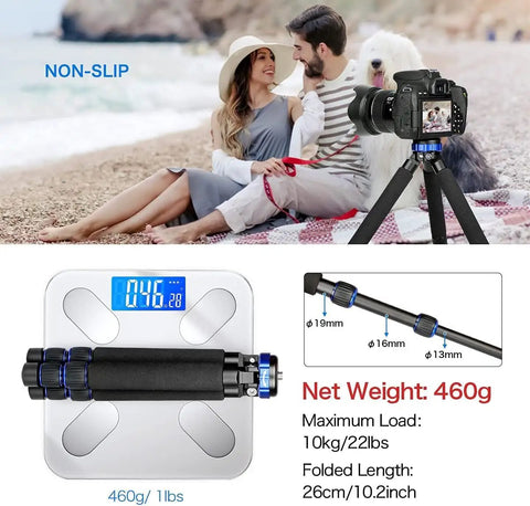 Built Different Mini Tripod Lightweight Aluminum Construction With Quarter And Half Inch Threads on weight scale with load details.