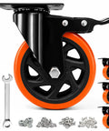 Close-up of Built Tough 5 Inch Orange Caster Wheel Set Of 4 With Dual Brakes for heavy shop cabinets and carts.
