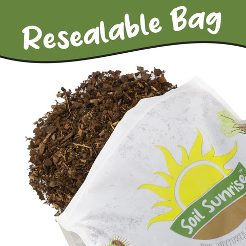 Image of resealable bag labeled 'Soil Sunrise' with pine bark mulch nuggets for indoor and outdoor pots and planters.