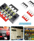 Five Sets Of Four-Position Dual-Row Screw Terminal Blocks, 600V 15A, Heavy Duty Strip With Barrier Jumpers, Includes Ten Jumpers In Black And Red, Perfect For Pro Electronics Projects And DIY Power Distribution Gear. 4-position dual-row plastic block with red and black jumpers