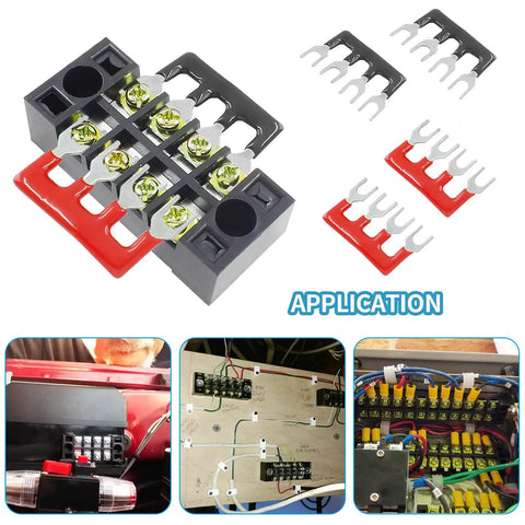 Five Sets Of Four-Position Dual-Row Screw Terminal Blocks, 600V 15A, Heavy Duty Strip With Barrier Jumpers, Includes Ten Jumpers In Black And Red, Perfect For Pro Electronics Projects And DIY Power Distribution Gear. 4-position dual-row plastic block with red and black jumpers